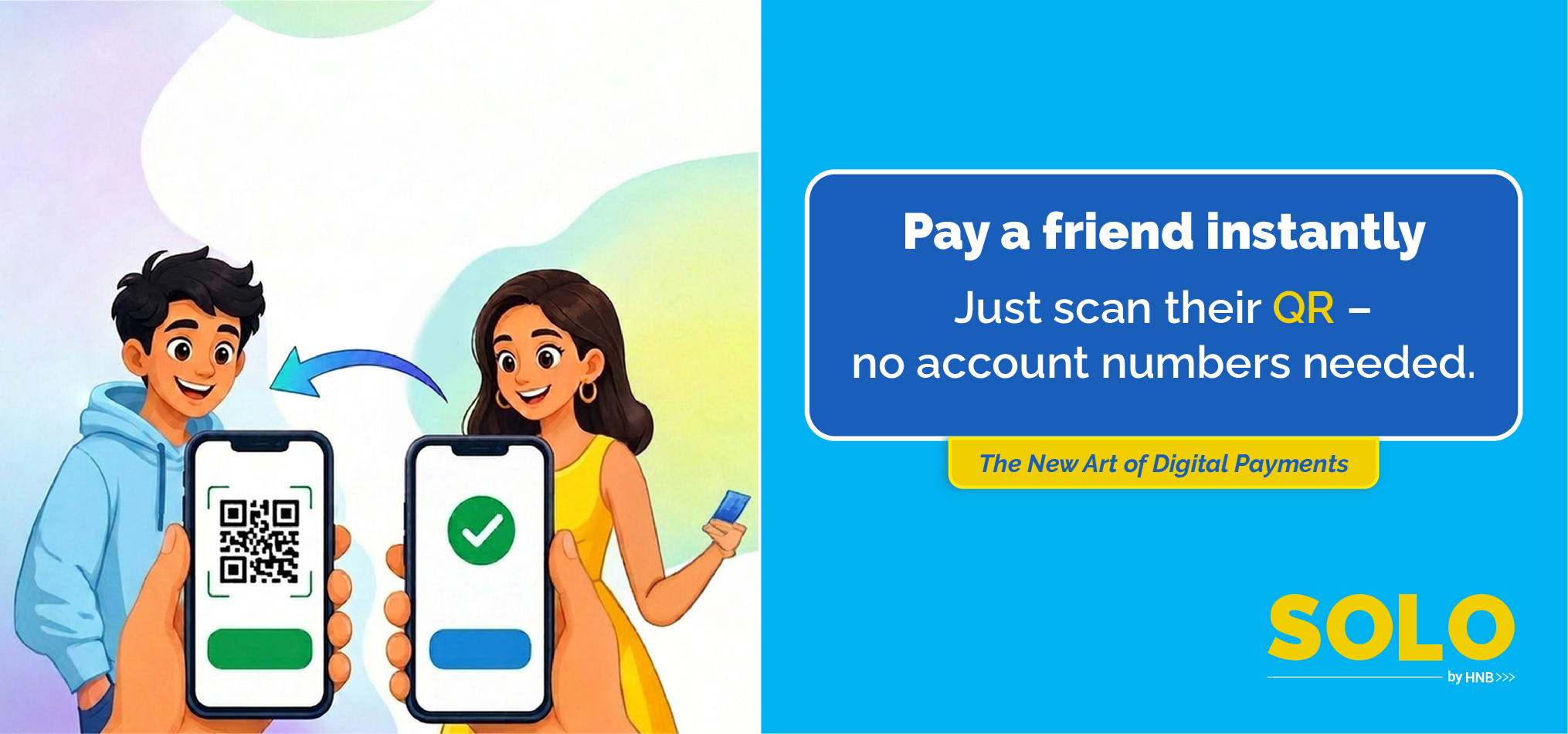 Illustration of two people showing smartphones with a QR code to pay a friend instantly; ad banner on the right promotes QR payments.