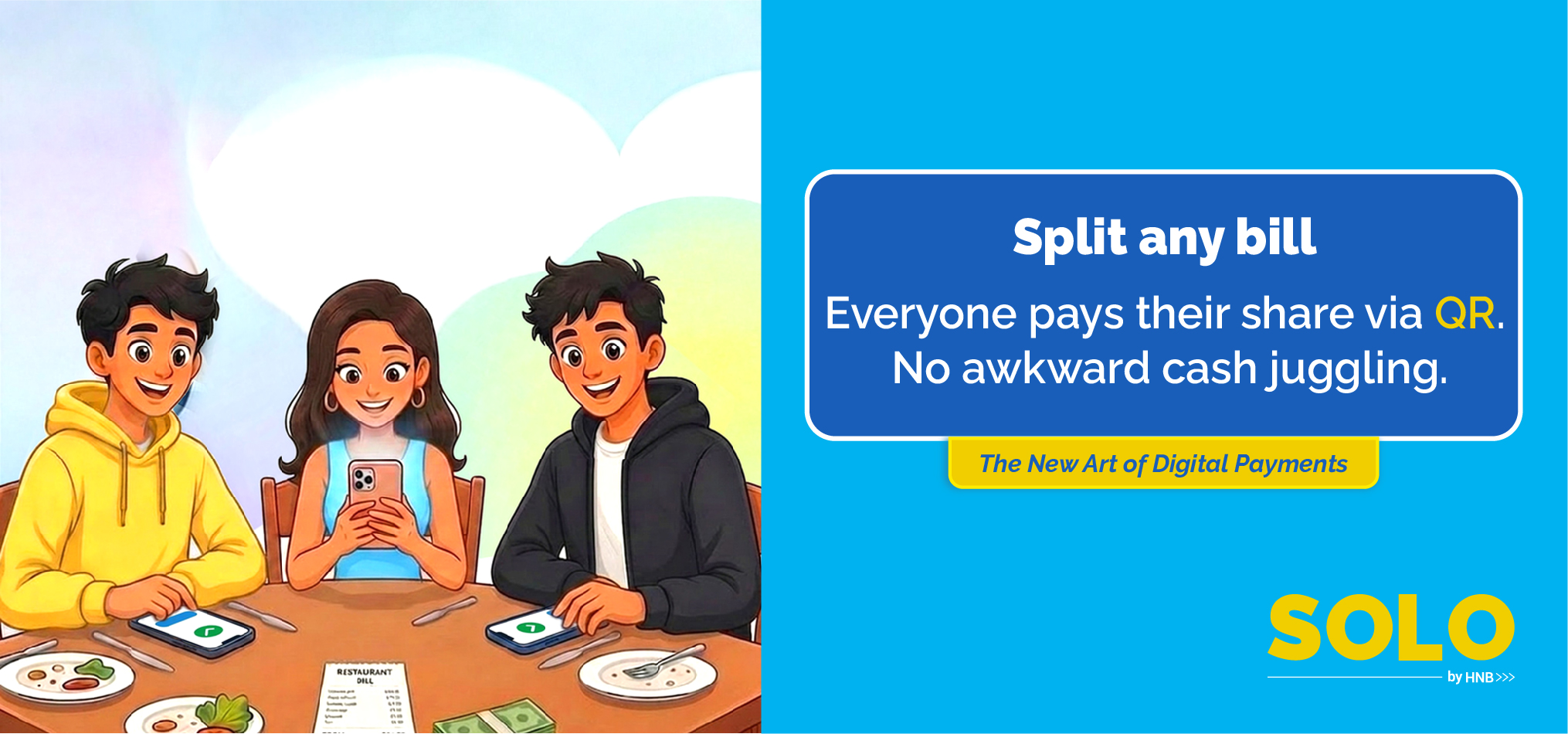 Three young friends at a restaurant table are using their phones to split the bill with QR payments; a blue advert banner with 'Split any bill ... via QR' fills the right side.