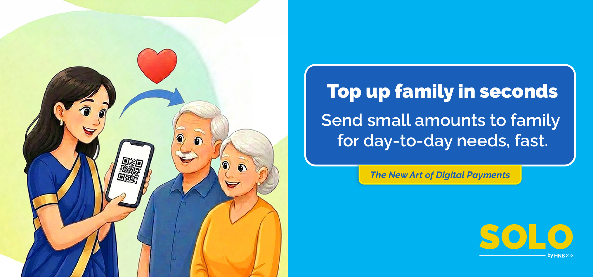 Illustration of a woman in a blue outfit showing a smartphone with a QR code to an smiling elderly couple, symbolizing sending money to family via mobile payments.