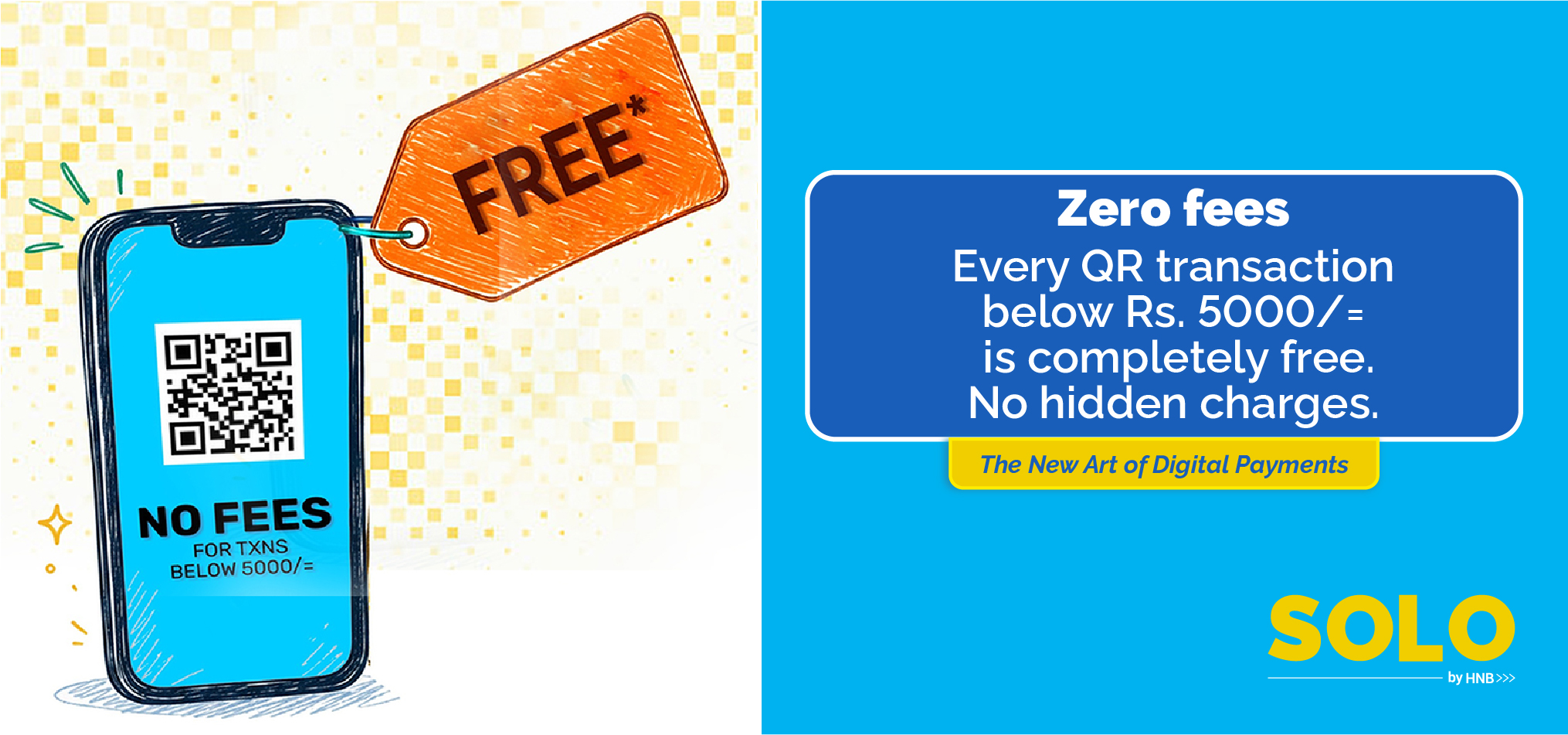 Promo image advertising zero fees for QR transactions below Rs. 5,000, showing a phone with a QR code and an orange 'FREE' tag.