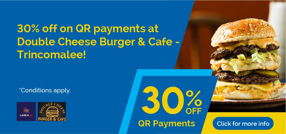Banner advertising 30% off on QR payments at Double Cheese Burger & Cafe, Trincomalee; features a hamburger on the right, bold yellow text on a blue background, and a 'Click for more info' button.