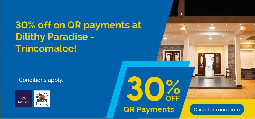 Banner ad offering 30% off QR payments at Dilith Paradise, Trincomalee, with a blue left panel and hotel entrance on the right; includes a 'Click for more info' button.