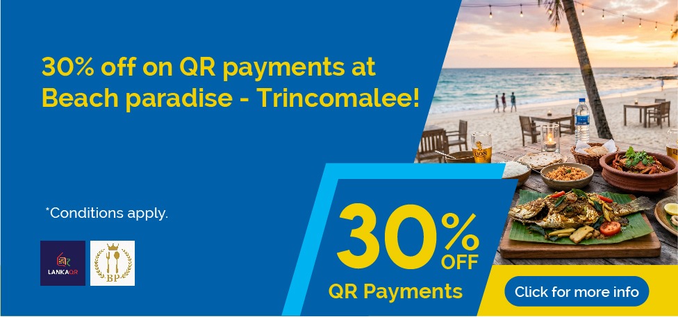 Promotional banner offering 30% off QR payments at Beach Paradise, Trincomalee; beach dining scene with a 'Click for more info' button.
