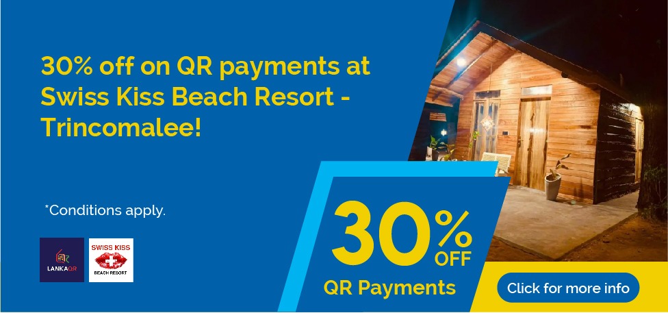 Promotional banner offering 30% off QR payments at Swiss Kiss Beach Resort, Trincomalee; features a wooden hut at night on the right and a blue badge reading '30% OFF QR Payments' with a 'Click for more info' button.