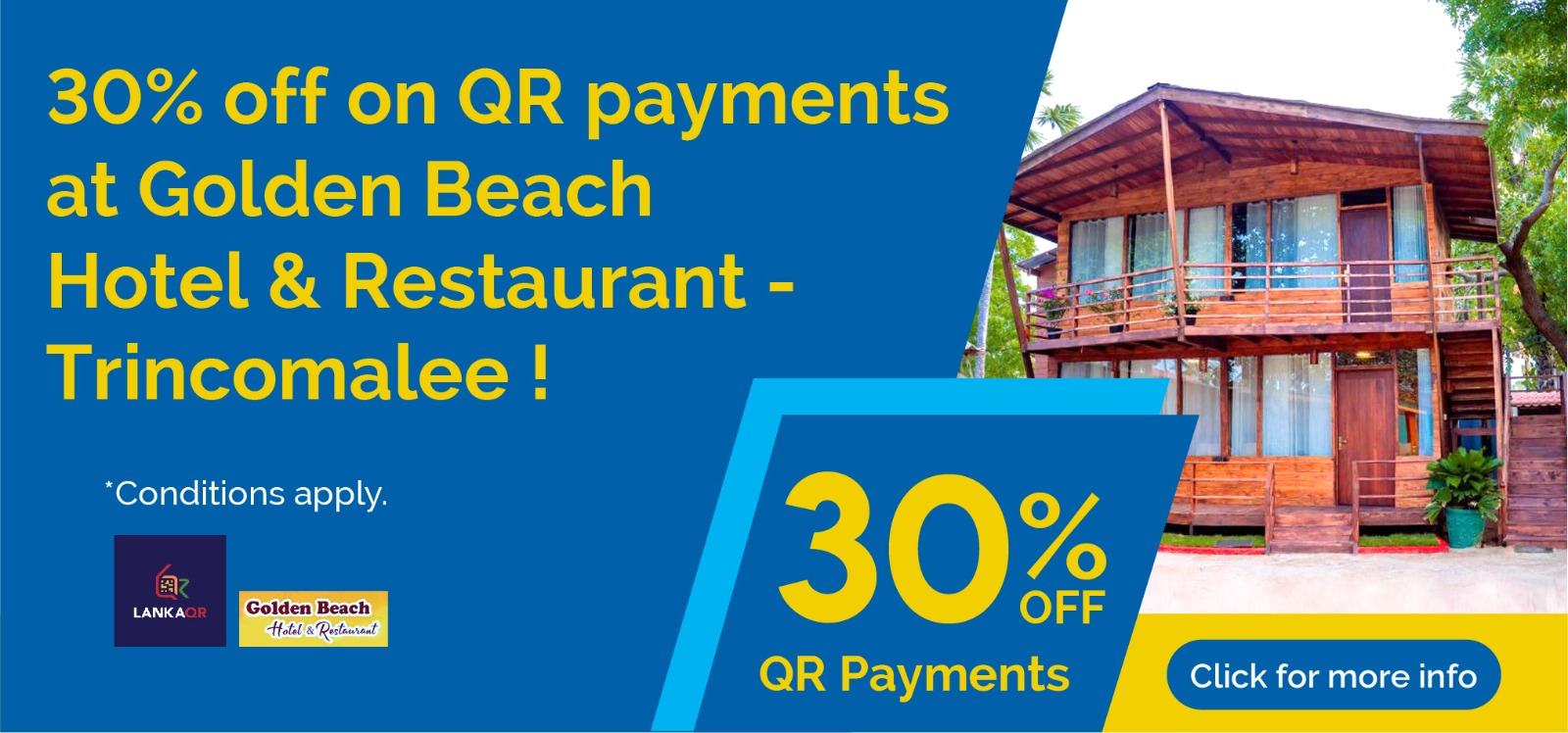 Promotional banner: 30% off QR payments at Golden Beach Hotel & Restaurant, Trincomalee, with a wooden hotel image on the right and logos at the bottom left.